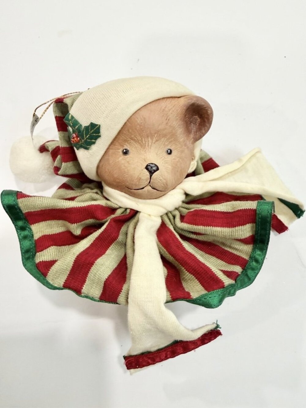 Vintage Ceramic Face Teddy Bear Christmas Ornament Striped Cape Scarf Folk Art